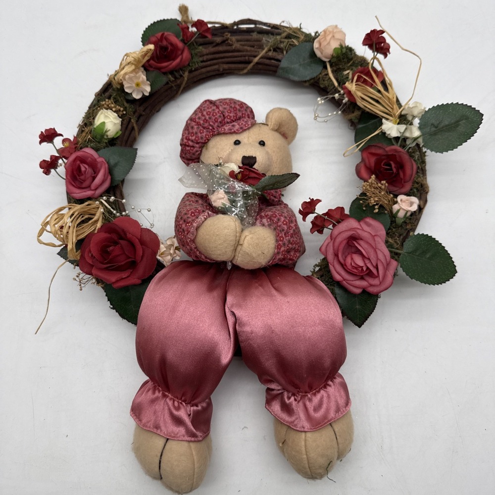 Vintage Teddy Bear Wreath Pink Roses Plush Bear Door Wall Hanger 13 Inch